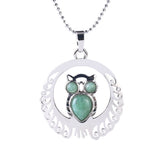 Silver Owl Gemstone Pendant Necklace with Beads Chain #SN1759 Crescent Frame Cute Bird Animal Healing Crystal Jewelry for Women