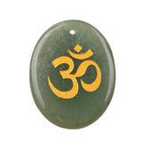 35x45mm Oval Natural Gemstone Pendant, 3D OM Symbol Engraved, Polished Crystal Disc Charm for DIY Spiritual Jewelry, Necklace Making