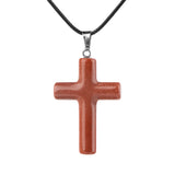 Natural Gemstone Cross Pendant Necklace for Women Men 45CM Black Rope Chain 27x40mm Stone Charms