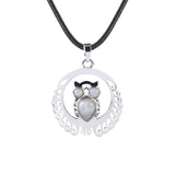 Silver Owl Gemstone Pendant Necklace #SN1759 Crescent Frame Cute Bird Animal Jewelry