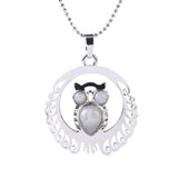 Silver Owl Gemstone Pendant Necklace with Beads Chain #SN1759 Crescent Frame Cute Bird Animal Healing Crystal Jewelry for Women