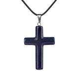 Natural Gemstone Cross Pendant Necklace for Women Men 45CM Black Rope Chain 27x40mm Stone Charms