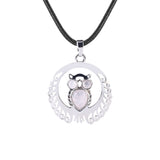 Silver Owl Gemstone Pendant Necklace #SN1759 Crescent Frame Cute Bird Animal Jewelry