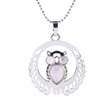 Silver Owl Gemstone Pendant Necklace with Beads Chain #SN1759 Crescent Frame Cute Bird Animal Healing Crystal Jewelry for Women