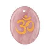 35x45mm Oval Natural Gemstone Pendant, 3D OM Symbol Engraved, Polished Crystal Disc Charm for DIY Spiritual Jewelry, Necklace Making