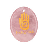 35x45mm Oval Natural Gemstone Pendant, Engraved " Hand", Polished Crystal Disc Charm for Spiritual Jewelry, Necklace Making