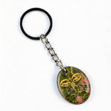 Oval Gemstone Disc Keychain– Carved with Custom Words & Symbol -"The Buddha's Contemplative Eye"