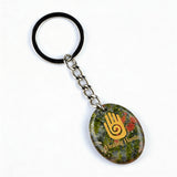 Oval Gemstone Disc Keychain– Carved with Custom Words & Symbol -"Hand"