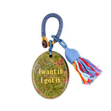 Handmade Woven Oval Gemstone Disc Strand Keychain– Carved with Custom Words & Symbol -I want it I got it