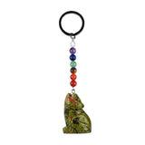 1.0 Inch Hand Carved Wolf Gemstone Pendant Keychain 7 Chakra Beads Chain #KC2314S-A4