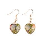 Natural Heart Gemstone Dangle Earrings - 15mm Polished Crystal Healing Pendant Charms, Dainty Gold Drop Earrings for Women & Girls