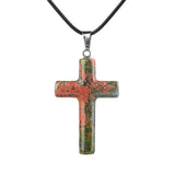 Natural Gemstone Cross Pendant Necklace for Women Men 45CM Black Rope Chain 27x40mm Stone Charms