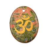 35x45mm Oval Natural Gemstone Pendant, 3D OM Symbol Engraved, Polished Crystal Disc Charm for DIY Spiritual Jewelry, Necklace Making