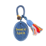 Handmade Woven Oval Gemstone Disc Strand Keychain– Carved with Custom Words & Symbol -I want it I got it