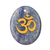 35x45mm Oval Natural Gemstone Pendant, 3D OM Symbol Engraved, Polished Crystal Disc Charm for DIY Spiritual Jewelry, Necklace Making