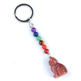 1.0Inch Handmade Craved Cat Gemstone Pendant Keychain 7 Chakra Beads Chain #KC2319S-A4