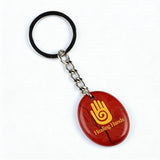 Oval Gemstone Disc Keychain– Carved with Custom Words & Symbol -"Hand"
