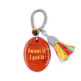 Handmade Woven Oval Gemstone Disc Strand Keychain– Carved with Custom Words & Symbol -I want it I got it