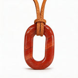 Hand-Polished Hollow O-Shape Gemstone Pendant, 25×40mm Adjustable Rope Necklace, Unique Natural Crystal Daily Wear Jewelry