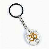Oval Gemstone Disc Keychain– Carved with Custom Words & Symbol -"3D & OM"