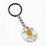 Oval Gemstone Disc Keychain– Carved with Custom Words & Symbol -"Hand"