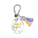 Handmade Woven Oval Gemstone Disc Strand Keychain– Carved with Custom Words & Symbol -I want it I got it