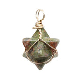20mm Natural Gemstone Merkaba Star Pendant, Gold Wire Wrapped Crystal Charm for Jewelry Making