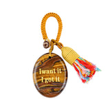Handmade Woven Oval Gemstone Disc Strand Keychain– Carved with Custom Words & Symbol -I want it I got it