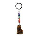 1.0 Inch Hand Carved Wolf Gemstone Pendant Keychain 7 Chakra Beads Chain #KC2314S-A4