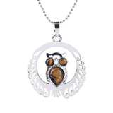Silver Owl Gemstone Pendant Necklace with Beads Chain #SN1759 Crescent Frame Cute Bird Animal Healing Crystal Jewelry for Women