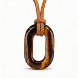 Hand-Polished Hollow O-Shape Gemstone Pendant, 25×40mm Adjustable Rope Necklace, Unique Natural Crystal Daily Wear Jewelry