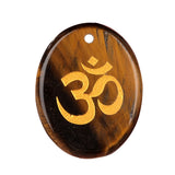 35x45mm Oval Natural Gemstone Pendant, 3D OM Symbol Engraved, Polished Crystal Disc Charm for DIY Spiritual Jewelry, Necklace Making