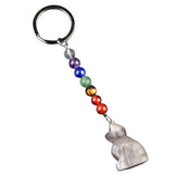 1.0Inch Handmade Craved Cat Gemstone Pendant Keychain 7 Chakra Beads Chain #KC2319S-A4