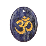 35x45mm Oval Natural Gemstone Pendant, 3D OM Symbol Engraved, Polished Crystal Disc Charm for DIY Spiritual Jewelry, Necklace Making
