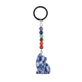 1.0 Inch Hand Carved Wolf Gemstone Pendant Keychain 7 Chakra Beads Chain #KC2314S-A4