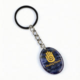 Oval Gemstone Disc Keychain– Carved with Custom Words & Symbol -"Hand"
