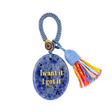 Handmade Woven Oval Gemstone Disc Strand Keychain– Carved with Custom Words & Symbol -I want it I got it