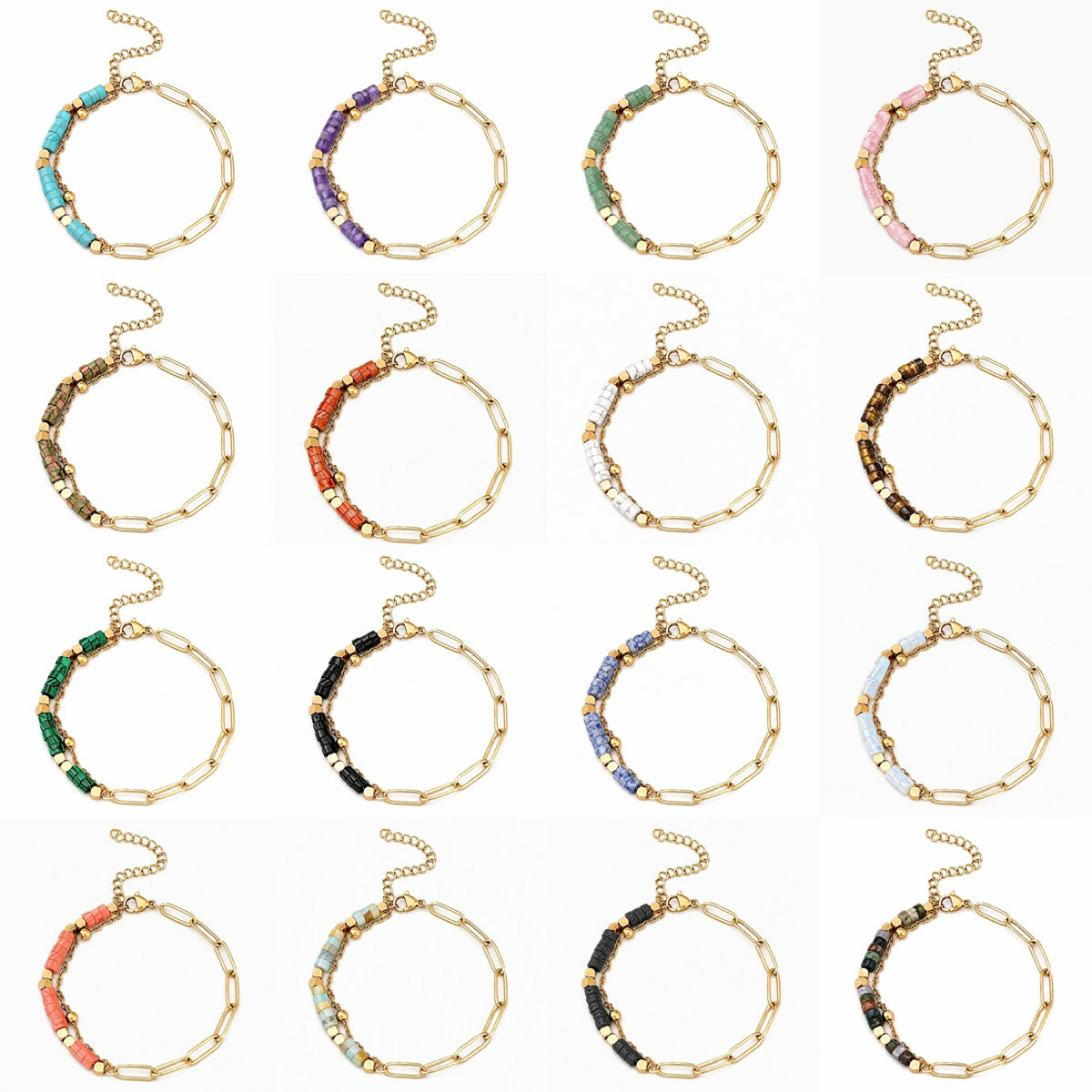 4mm Natural Stone Heishi Bead Bracelet Gold Stainless Steel Paperclip Chain Adjustable Multi-Color Gemstone Layering Jewelry #SB3163