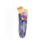 Blue Kyanite Pillar Pendant Necklace with Amethyst Accent | Gold Electroplated Crystal Necklace with Adjustable Black Cord