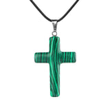 Natural Gemstone Cross Pendant Necklace for Women Men 45CM Black Rope Chain 27x40mm Stone Charms