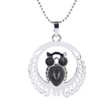 Silver Owl Gemstone Pendant Necklace with Beads Chain #SN1759 Crescent Frame Cute Bird Animal Healing Crystal Jewelry for Women