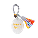 Handmade Woven Oval Gemstone Disc Strand Keychain– Carved with Custom Words & Symbol -I want it I got it