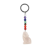 1.0 Inch Hand Carved Wolf Gemstone Pendant Keychain 7 Chakra Beads Chain #KC2314S-A4