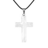 Natural Gemstone Cross Pendant Necklace for Women Men 45CM Black Rope Chain 27x40mm Stone Charms