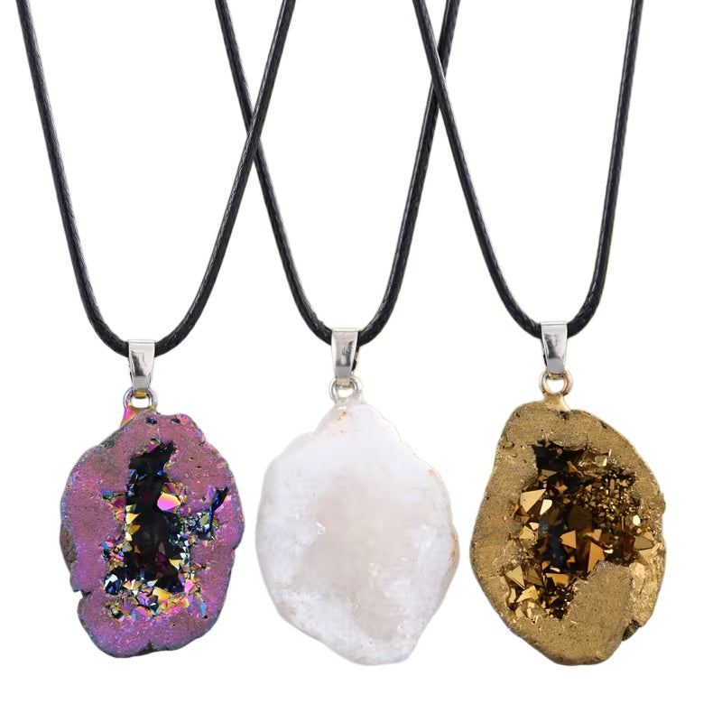Natural Druzy Geode Slice Pendant Necklace – Raw Crystal Boho Statement Jewelry