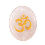 35x45mm Oval Natural Gemstone Pendant, 3D OM Symbol Engraved, Polished Crystal Disc Charm for DIY Spiritual Jewelry, Necklace Making