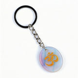 Oval Gemstone Disc Keychain– Carved with Custom Words & Symbol -"3D & OM"