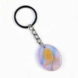Oval Gemstone Disc Keychain– Carved with Custom Words & Symbol -"Hand"