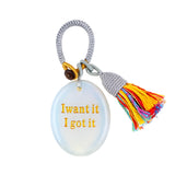 Handmade Woven Oval Gemstone Disc Strand Keychain– Carved with Custom Words & Symbol -I want it I got it