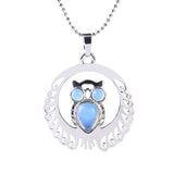 Silver Owl Gemstone Pendant Necklace with Beads Chain #SN1759 Crescent Frame Cute Bird Animal Healing Crystal Jewelry for Women